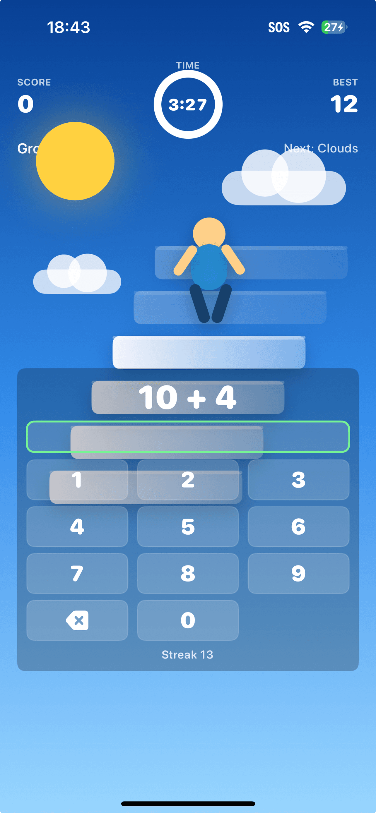 Math Levels gameplay screen with score, timer and number pad