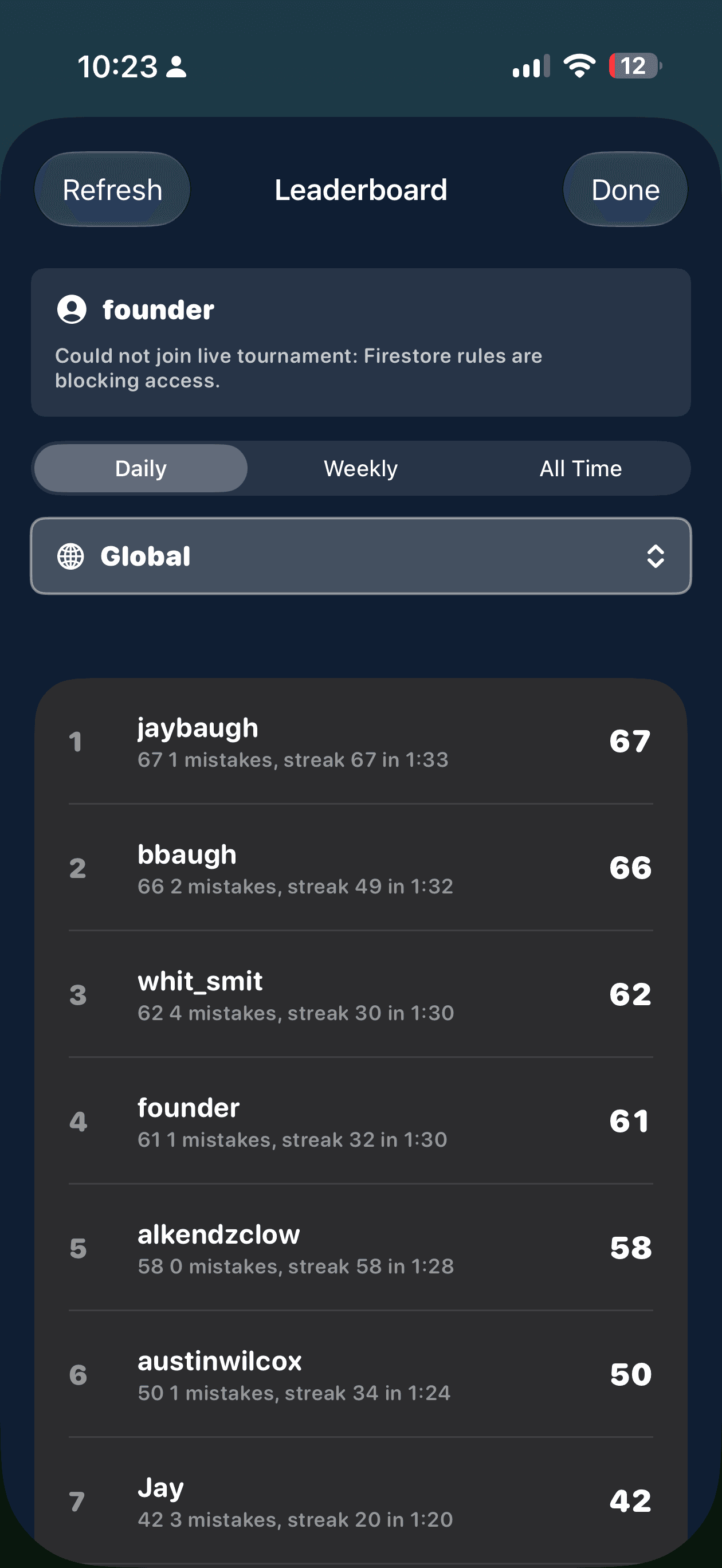 Math Levels leaderboard with daily global standings